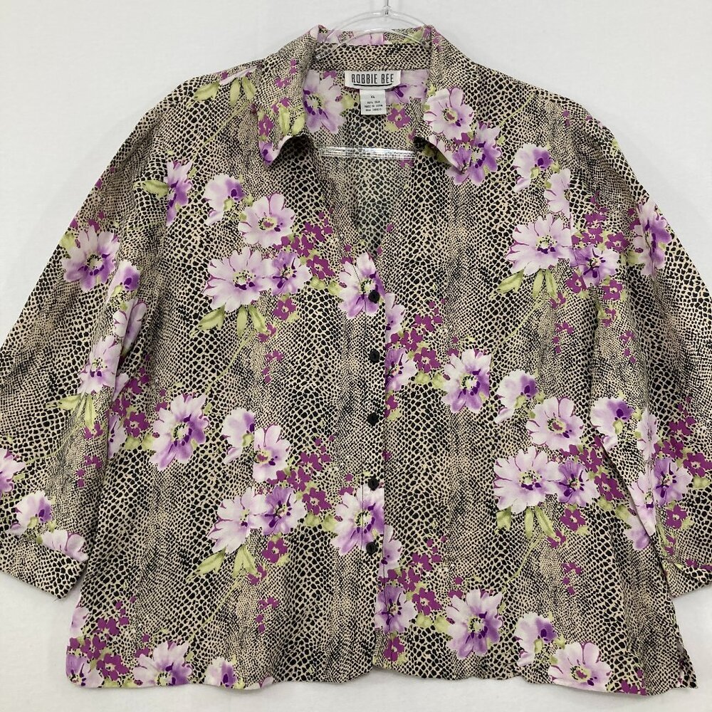 Vintage Robbie Bee size XL Pure‎ Silk Multi Purple Floral Boxy Cut Button Down